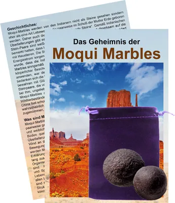 Produktbild von Moqui Marbles Paar ca. 2-2,5cm mit Zertifikat, deutschsprachigem Booklet Das Geheimnis der Moqui-Marbles und Stofftäschchen.