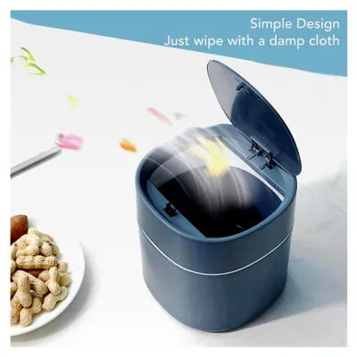 Produktbild von Tischmülleimer mit Deckel, 1,5L, 14 x 13 cm, kleiner Kunststoffabfalleimer in Blau für Desktop, Make-up, Badezimmer und Schlafzimmer