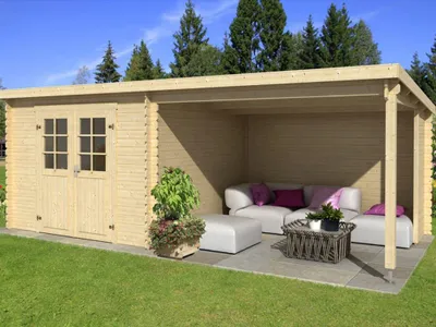 Produktbild von Lasita Naturbelassen 28 mm Gartenhaus Blockbohlenhaus Flora 670, Mit 375 cm Anbaudach, Doppelflügeltür Mit Echtglas, Stabile Blockbohlenbauweise, Weite Dachüberstände, Einfache Montage
