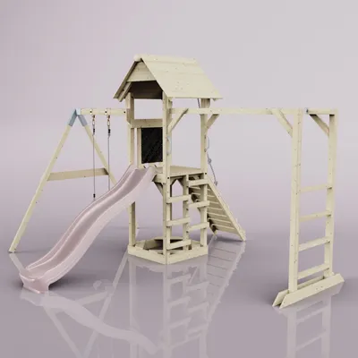 Produktbild von OutdoorToys Spielturm Malmö aus Holz in Rosa Kinderschaukel Einzel