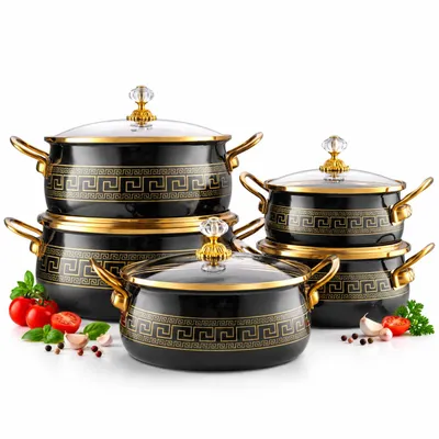Produktbild von MASTERPAN  5-Piece Pot Set with Lids 20 / 22 / 24 / 26 / 28 cm Enameled Pots  Carbon Steel Induction Compatible, Pot with Lid High Quality, MP2663, KI-generiertes Bild