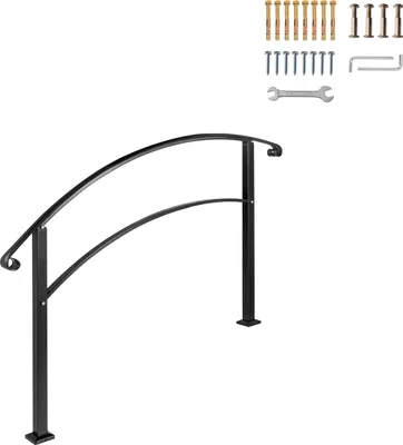 A black wrought iron handrail for outdoor stairs, shown against a white background with various hardware components.