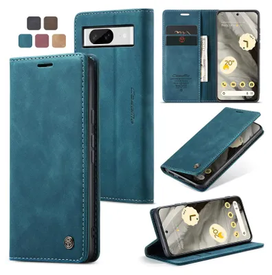 A collage of images showcasing a dark cyan blue flip phone case for a Google Pixel 8, with multiple views and color options.