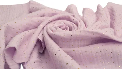 Obrázek produktu pro Bavlněná mušelínová tkanina se zlatými puntíky, dvojitá gáza, fialová 50 x 130 cm