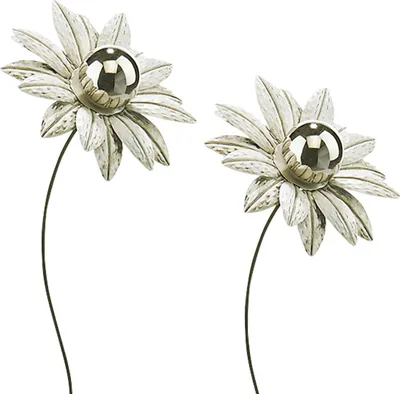 Produktbild von Kobolo Gartenstecker Dekostecker 2er Set Blume White Flower aus Metall und Edelstahl H 89 cm - Gartendekoration Gartendeko Beetstecker Balkon Terrasse