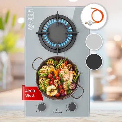Obrázek produktu pro KlarsteinFiretale plynová varná deska 2 hořáky, hliníkový hořák, zemní plyn/propan, včetně hadice a redukčního ventilu