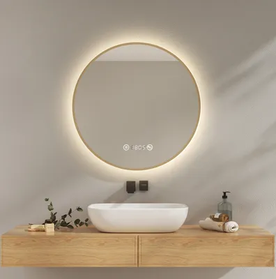 Obrázek produktu pro EMKE Koupelnové zrcadlo kulaté LED zrcadlo s osvětlením ф70cm Broušený zlatý rám Kulaté koupelnové zrcadlo s ochranou proti mlžení, hodinami, teplotou, stmíváním, paměťovou funkcí - neutrální světlo 4300K