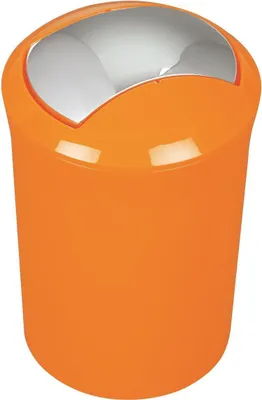 An orange trash can with a silver interior.
