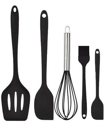 Productafbeelding van Siliconen spatels - Hittebestendig - Anti-aanbak - Set van 5 keuken spatels - (Zwart) - Tuinspatel - Pannenschep - Set keukenaccessoires