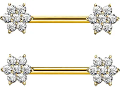 Produktbild von Brustwarzenpiercing 14mm Stablänge Chirurgenstahl Gold 2 Stück Cubic Zirkonia