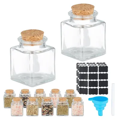 Immagine prodotto di TRANKIELO® - Set di 12 vasetti quadrati per erbe aromatiche - Vasettoni in vetro con tappo in sughero - 50 ml - Ermetici e riutilizzabili