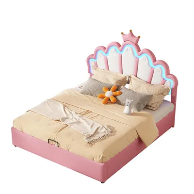Produktbild von Prinzessinbett mit Lattenrost und LED-Beleuchtung, 140x200 cm, Mädchenbett, Polsterbett für Mädchen, Stauraumbet, Kunstleder