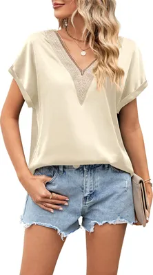 Produktbild von ASKSA Damen T-Shirt Sommer Satin Spitze V-Ausschnitt Oberteile Elegant Casual Bluse Tops, Champagner, Groesse: XL