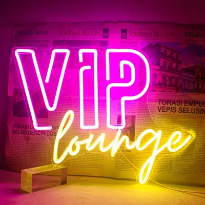 A neon sign that says "VIP Lounge" is displayed against a background that looks like a newspaper.