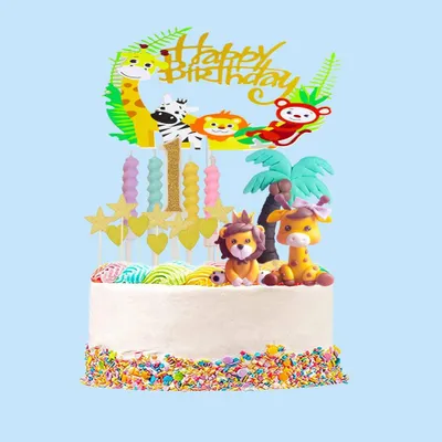 Jungle-Tier-Taartdeko-Set mit Happy Birthday Topper, Löwe, Giraffe