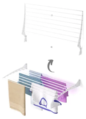 A wall-mounted drying rack shown in two states: folded and unfolded with laundry.