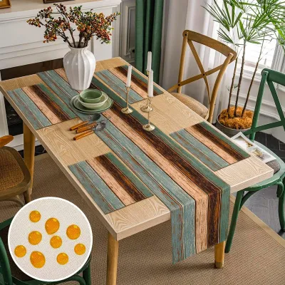 Produktbild von Solidchoice – Set aus 4 Untersetzern und einer Tischläufer – Türkis und Braun, mit Holzstreifen, für den Außenbereich
