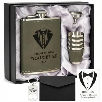 Immagine prodotto di Set regalo personalizzato con borraccia in acciaio inossidabile da 8 oz, incisione a scelta, 4 bicchieri, imbuto e confezione regalo