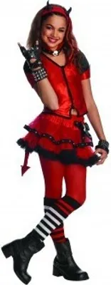 A young girl wearing a devil costume.