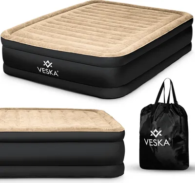 A collage showing an inflatable mattress from different angles and its storage bag.
