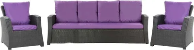 A set of outdoor furniture cushions, including a sofa cushion and two armchair cushions, displayed on a white background.