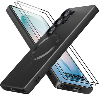 Image de Coque + 2 Verres Trempés pour Samsung Galaxy S26 Ultra, Silicone Anti-Rayures Antichoc avec Anneau Mangétique Noir