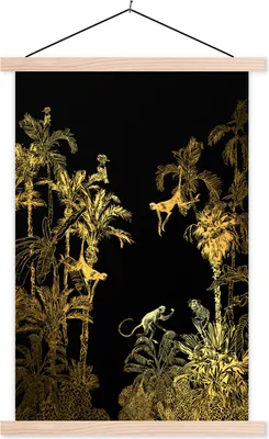 Produktbild von MuchoWow® Textilposter Dschungel - Affe - Gold 60x90 cm mit holzfarbenen Rahmen - Textil
