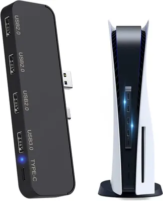 Obrázok produktu pre USB rozbočovač – Vhodný pre PlayStation 5 – Rozbočovač s 5 portami – Rýchly USB rozbočovač značky Tendak – Rozširujúci adaptér kompatibilný s hernou konzolou