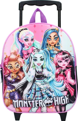 A pink rolling backpack with the Monster High characters printed on it.
