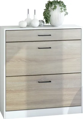Produktbild von Vladon Schuhschrank Schuhkipper Elvas 89 x 95,5 x 27 cm,  Germany, Korpus in Weiß matt, Front in Eiche Sägerau | Große Farbauswahl