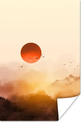 Produktbild von MuchoWow® Poster Malerei - Sonne - Landschaft - Vögel 60x90 cm - Wanddekoration