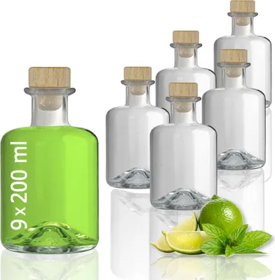 Produktbild von 9 Glasflaschen 200 ml leer zum selbst Befüllen mit Korken Apothekerflasche Essig Öl Flasche Schnapsflaschen Likörflaschen