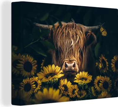 Produktbild von MuchoWow® - Leinwandbilder - Schottische Highlander - Blumen - Kuh - Botanisch - Tiere, Wandbild, Wanddeko Bilder Wohnzimmer, 120x90 cm