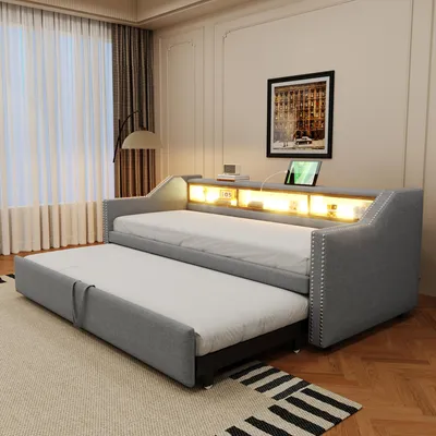 Produktbild von Merax Polsterbett Tagesbett Ausziehbar 90/180x190cm mit Ablagefächern, Schlafsofa Einzelbett mit LED und USB, Lattenrost, Leinen, Gästezimmer, Hellgrau