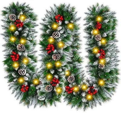 Productafbeelding van Thuys - Kerstslinger met Verlichting 270 cm – 30 LED Warm Wit – Besneeuwd – Timer 6 Uur – Op Batterijen – Dennenappels & Rode Bessen – Binnen & Buiten