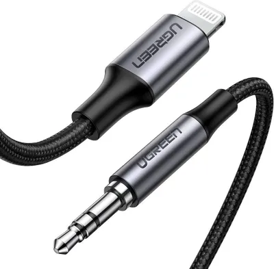 A close-up shot of a Ugreen AUX cable with a Lightning connector on one end and a 3.5mm jack on the other.