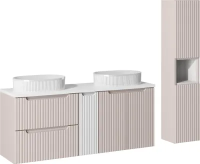 Produktbild von Badezimmerset 140 Cm Kaschmir + Weiß Mit Waschbecken Und Hochschrank
