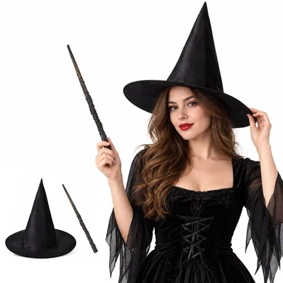 Halloween-Set: Zauberhut, Zauberstab, 6 Spinnen