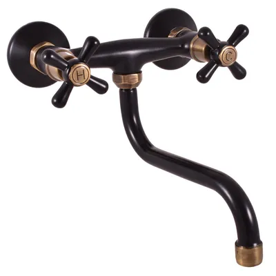 A wall-mounted kitchen faucet with two cross-shaped handles, one marked 'H' and the other 'C'. The faucet is black with brass accents.