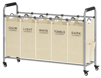 Wassorteerder 5 Fächer, Wäschekorb mit Rollen, Beige