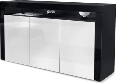 Produktbild von Vladon Sideboard Valencia,  Germany, Kommode mit 3 Türen und 1 offenem Fach, Schwarz matt/Weiß Hochglanz/Schwarz Hochglanz (155 x 92 x 40 cm)