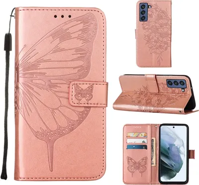 Produktbild von Galaxy S21 FE Hülle, Schmetterling Prägung Flip Leder Kartenfächer Schutzhülle Ledertasche mit Ständer für Samsung Galaxy S21 FE Roségold