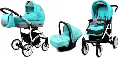 A collage of three images showing a 3-in-1 baby stroller system in mint green and gray.