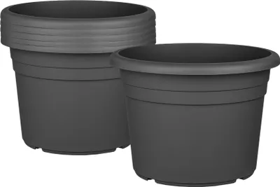 Two dark gray plastic plant pots are shown against a white background. One pot is stacked on top of others, and the second pot is placed in front and to the right of the stacked pots.