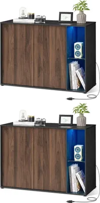 Produktbild von SONGMICS HOME Superschnelle werkzeuglose Montage, Sideboard mit Beleuchtung, 2er Set Aufbewahrungsschrank, TV-Schrank, Glasablage,Toolless-Technologie