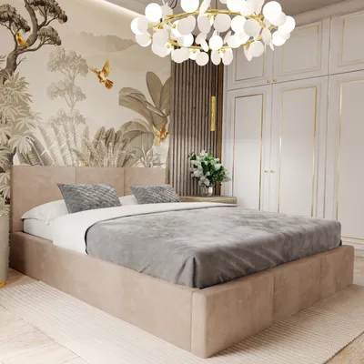 A bedroom scene featuring a bed, wardrobe, and decorative wallpaper.