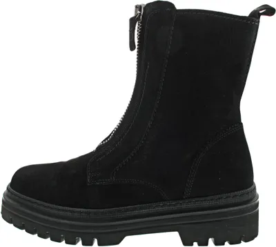 A black suede boot with a front zipper, shown from the side against a white background.