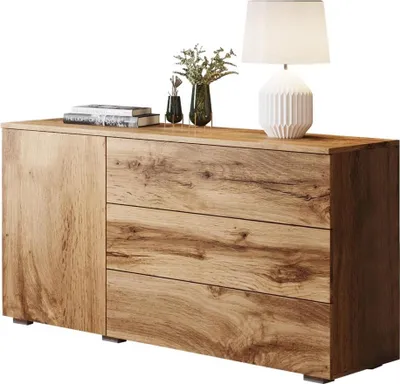 Produktbild von MIRJAN24 Kommode Awit 110 Highboard mit 3 Schubladen und Tür, Stilvoll Sideboard, Wohnzimmer Schrank (Farbe: Wotan)