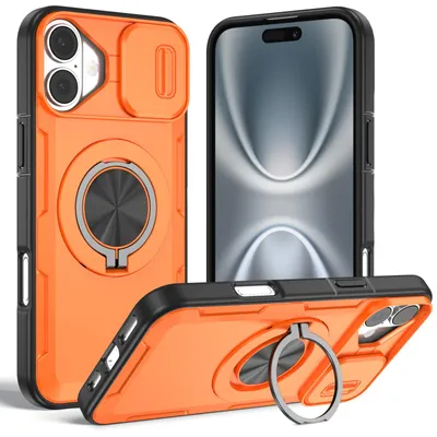 Produktbild von Magnetische Hülle für iPhone 16, Militär Stoßfest Handyhülle mit Kameraschutz und Ringhalter Ständer Orange