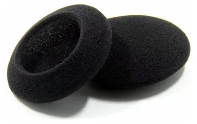 Two black foam ear pads for headphones are shown on a white background.